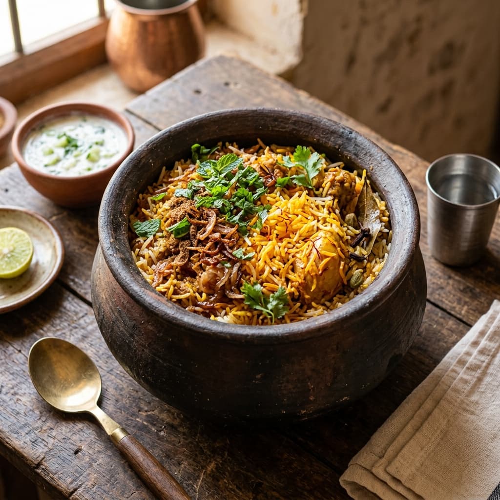 Overhead shot of rustic matka biryani in a traditional clay pot