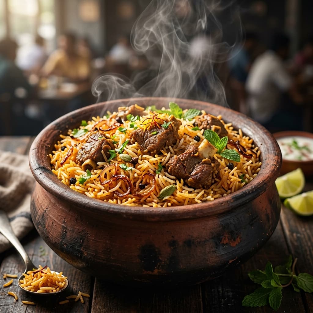 Macro shot of steaming matka biryani with tender mutton