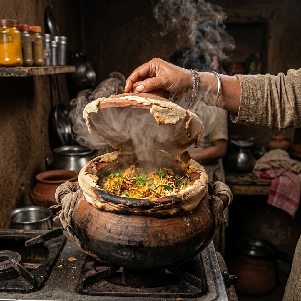 Opening the dough-sealed lid of a traditional dum pukht matka biryani