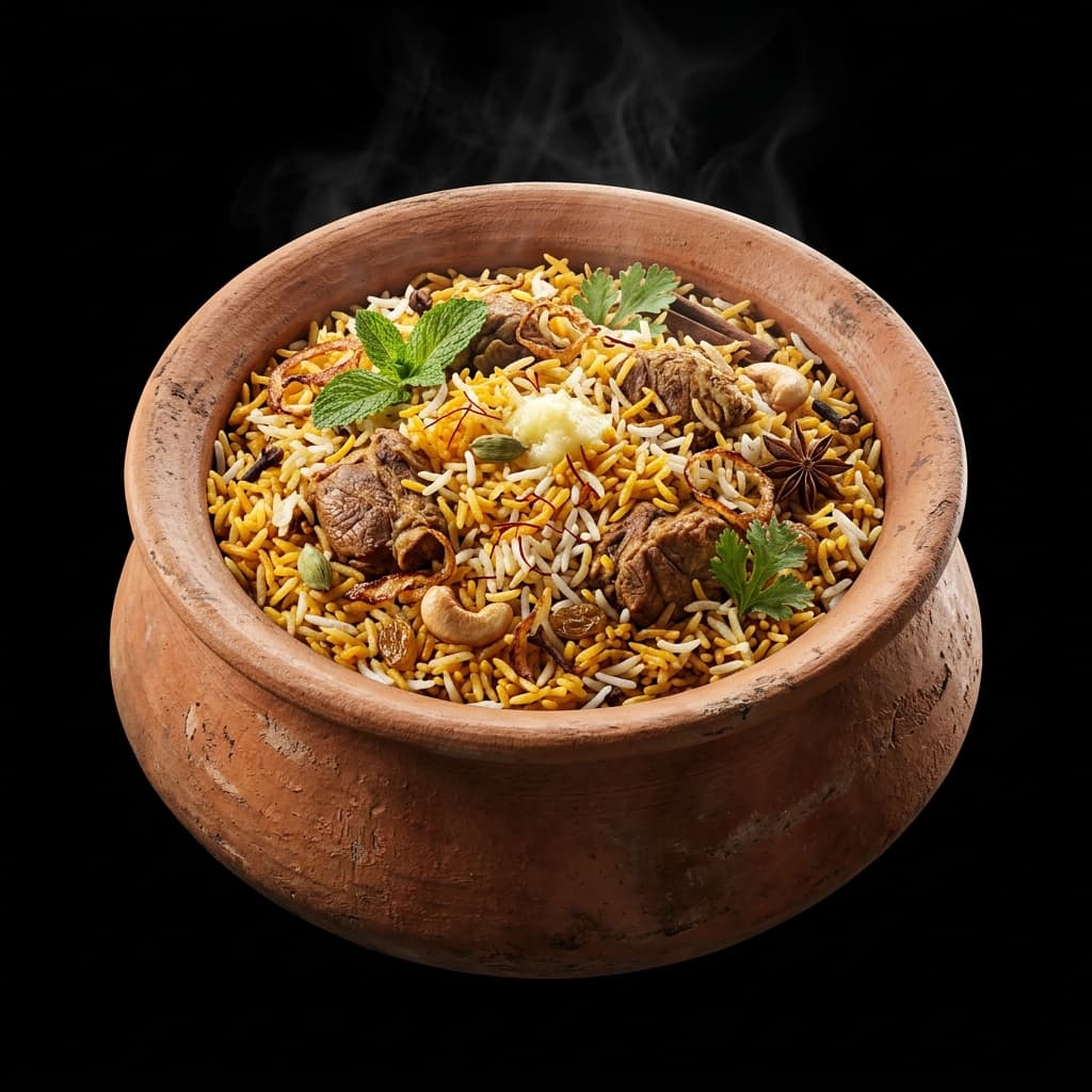 Premium 3D render style shot of authentic matka biryani