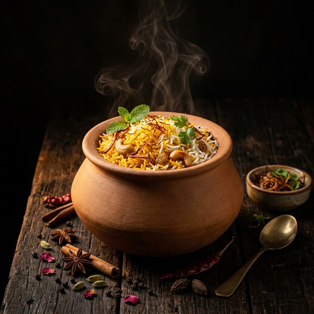 Signature Sheher-e-Biryani with saffron-infused rice and traditional garnishes