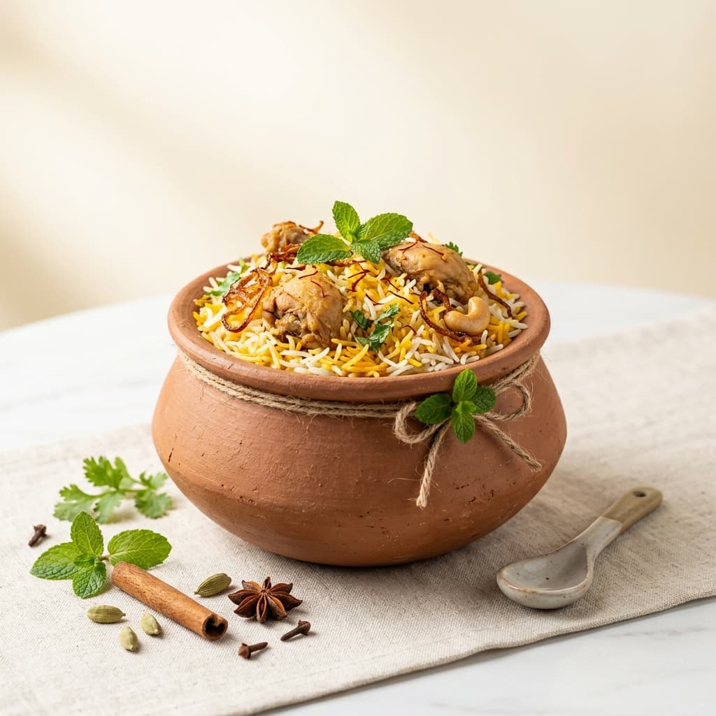 Authentic matka biryani with saffron rice and aromatic spices in a traditional clay pot