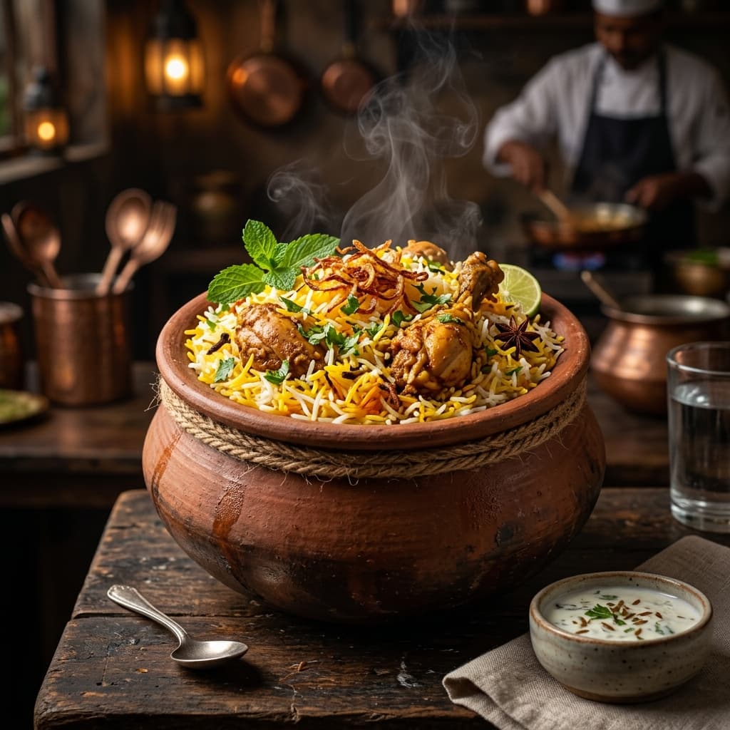 Authentic matka biryani in a traditional clay pot